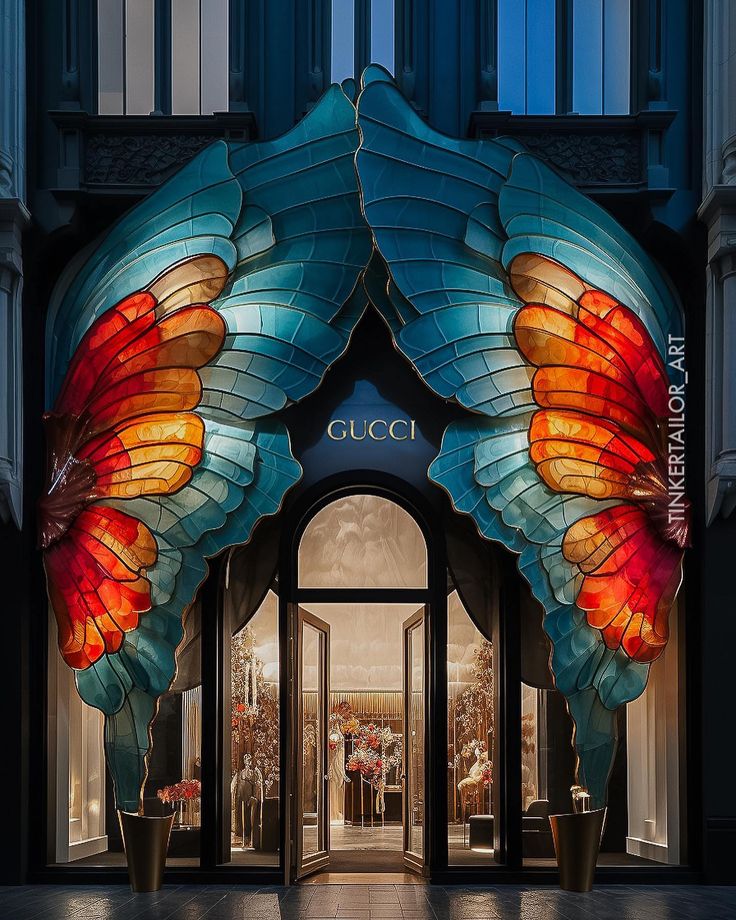 the entrance to a luxury store with large glass wings on it's front door