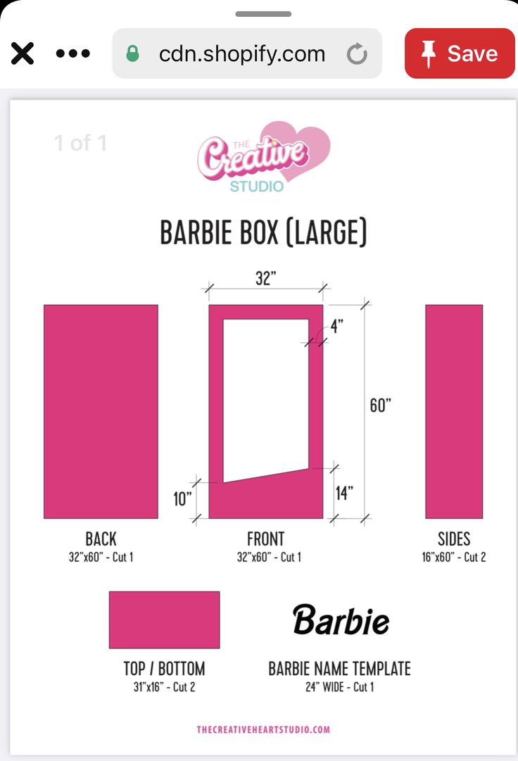 the barbie box large pattern is shown in pink and has measurements for each item on it