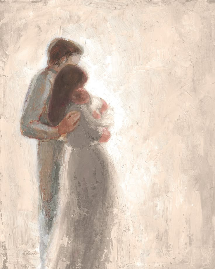 a painting of two people embracing each other