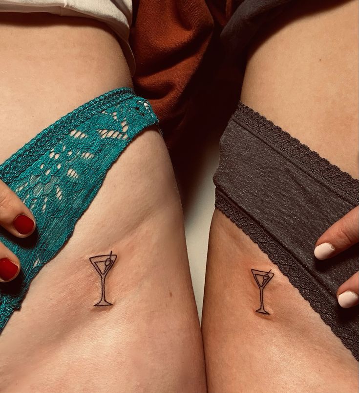 Matching Martini Glass Tattoos, Knicker Line Tattoo, Alcohol Glass Tattoo, Alcohol Tattoo Ideas Friends, Small Martini Glass Tattoo, Dirty Martini Tattoo, Drink Tattoo Cocktails, Alcoholic Tattoo Ideas, Vodka Tattoo