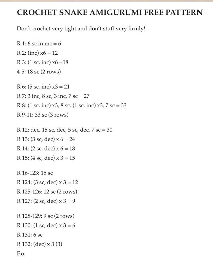 the crochet snake amigurmi free pattern is shown with instructions to make it