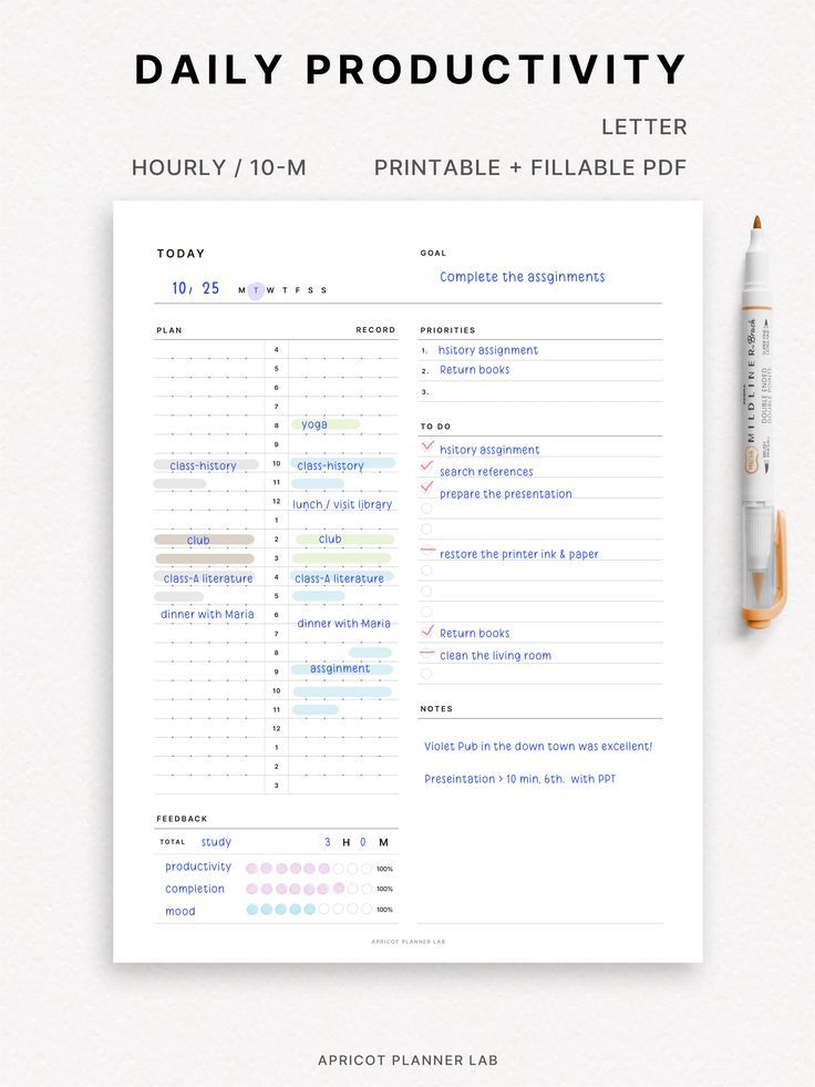 This daily planner has 2 schedules for both planning and recording your time spent. 10-minute time blocking will help your time management and lessen wasted time. Also, you can review your work time, productivity, concentration, and other themes with bar graphs. Self-feedback will make your tomorrow more productive. Thus, this planner is especially good as a work planner, and study planner. | Undated | Mon and Sun start | 24 hours | Hourly daily | Day on 1 page | Daily schedule | time management Work Daily Planner Printable, Full Focus Planner Tips, 10 Minute Planner, Daily Planner Layout, Planner Layout Ideas, Student Daily Planner, Planner Design Layout, Daily Productivity Planner, Work Planner Printable