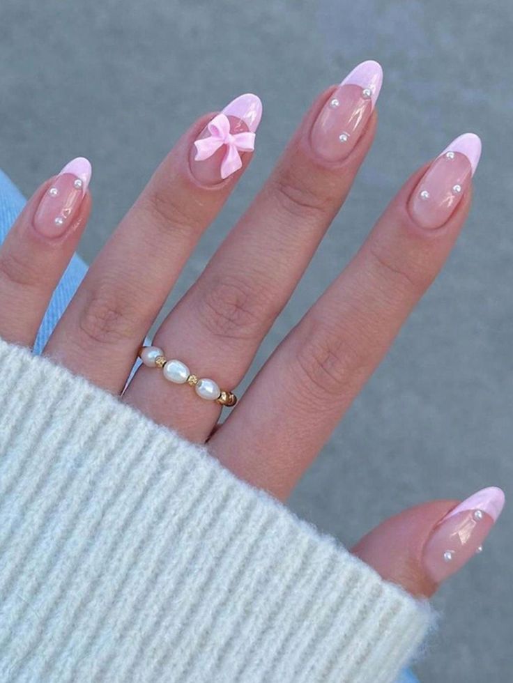 Nail Ideas Cute Pink, Nail Ideas Glitter French Tip, Short Acrylic Nails Simple Classy, Pink Acrylic Nail Designs Almond, Danish Pastel Nail Ideas, Fake Nail Design Ideas, Summer Pearl Nails, Cute Nails Acrylic Summer 2024, Cute Nails Simple Design