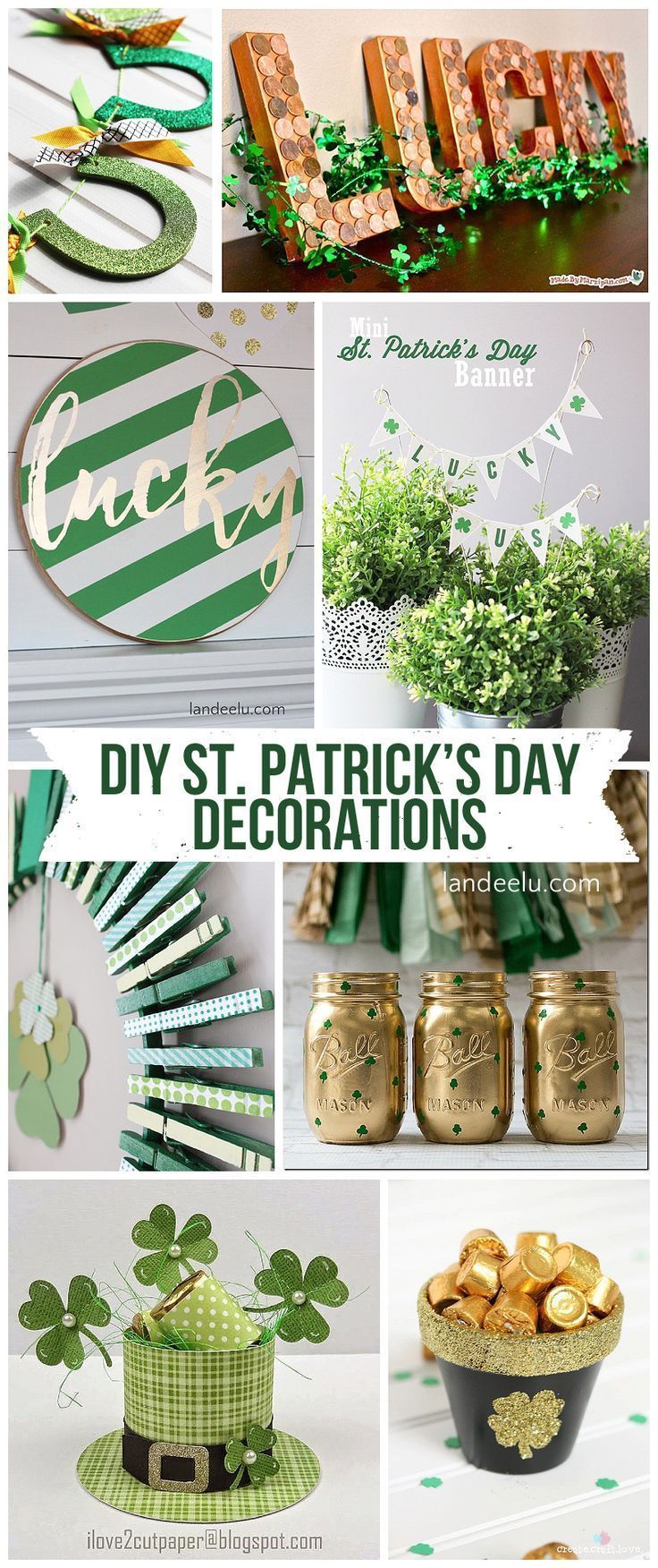 st patrick's day decorations are featured in this collage with green and gold