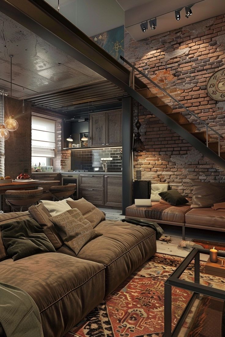 a living room filled with furniture next to a stair case in front of a brick wall