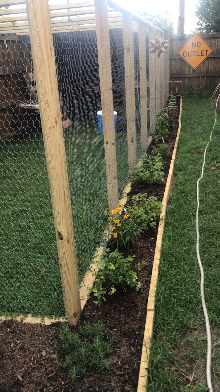 a fenced in garden with flowers and plants growing on the ground next to it