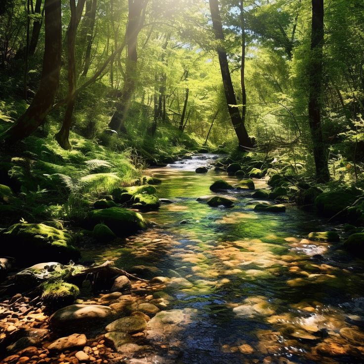 a stream running through a forest filled with lots of green plants and rocks on the ground