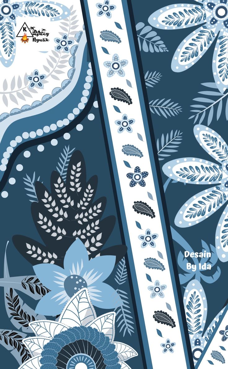 a blue and white floral design with leaves on the border is featured in this image