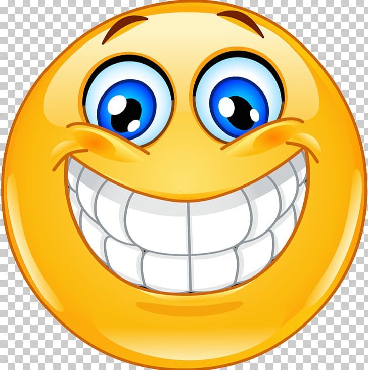 an emoticive smiley face with big blue eyes and white teeth, isolated on a white background