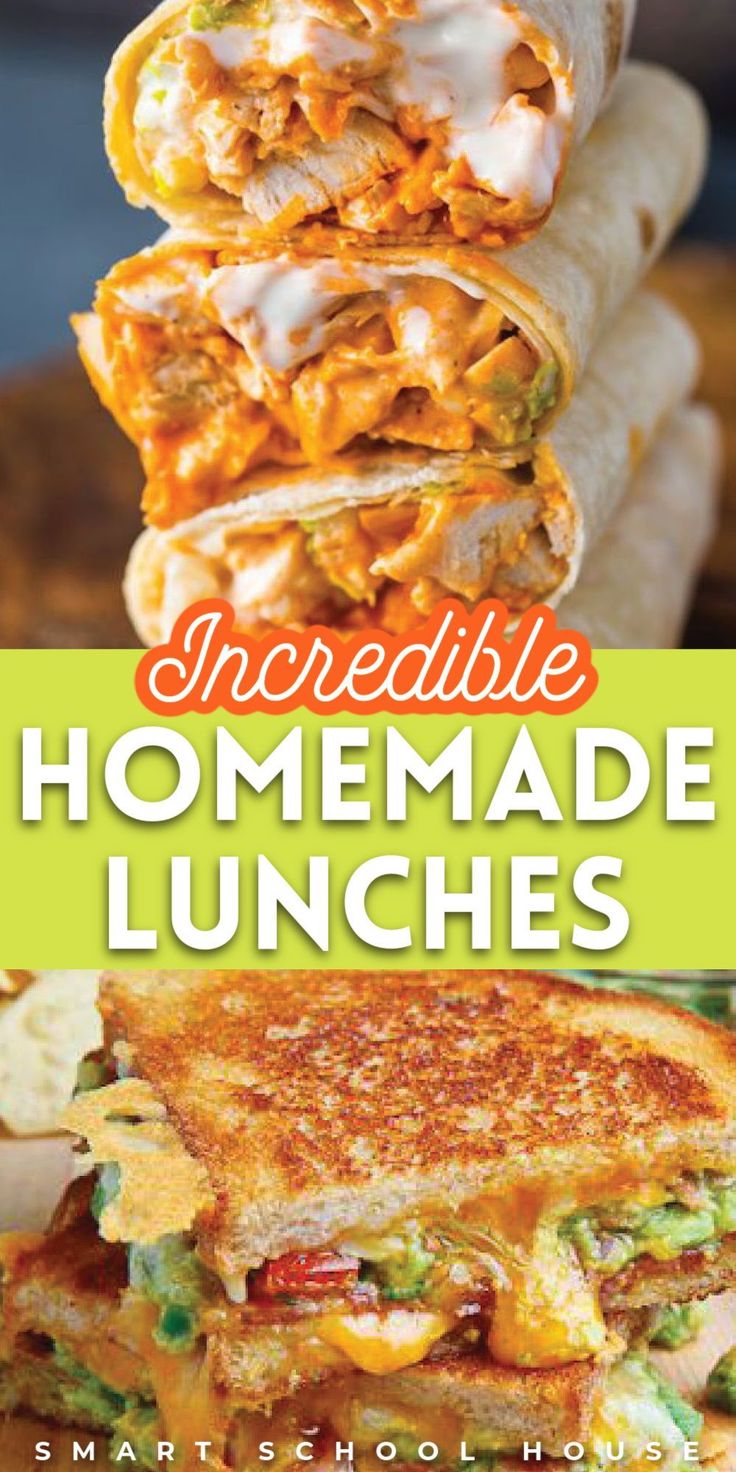 the cover of incredible homemade lunches by martha schoolhouse, with three sandwiches stacked on top of each other