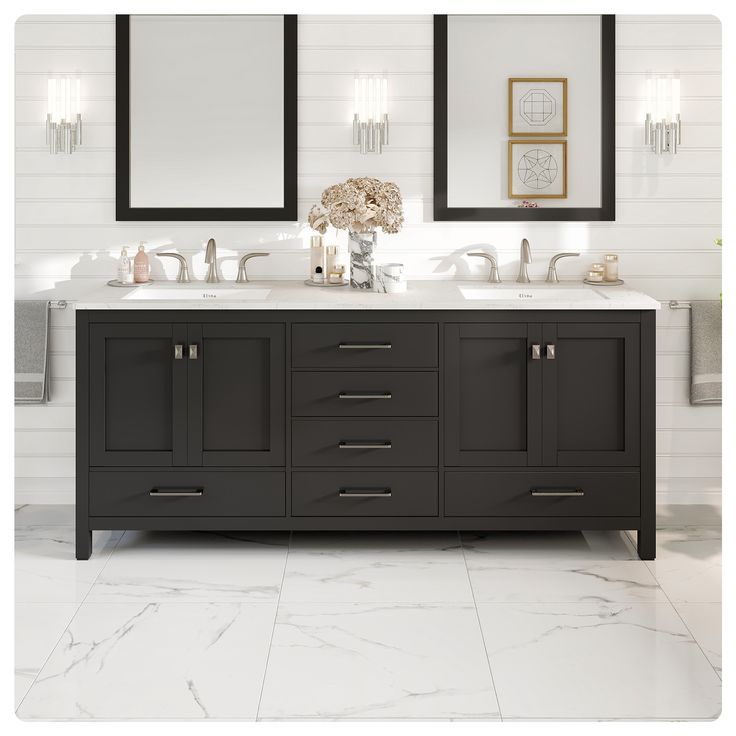 a bathroom with two sinks and mirrors on the wall above it is white tile flooring