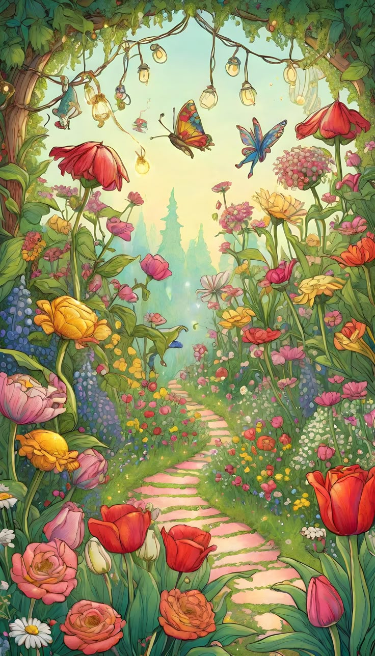 a painting of flowers and butterflies in the middle of a garden with a path leading to a