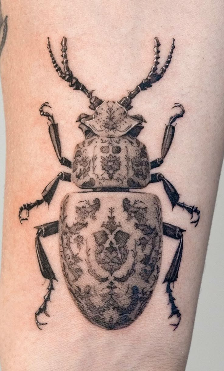 a black and white beetle tattoo on the right leg with an intricate design in it's center