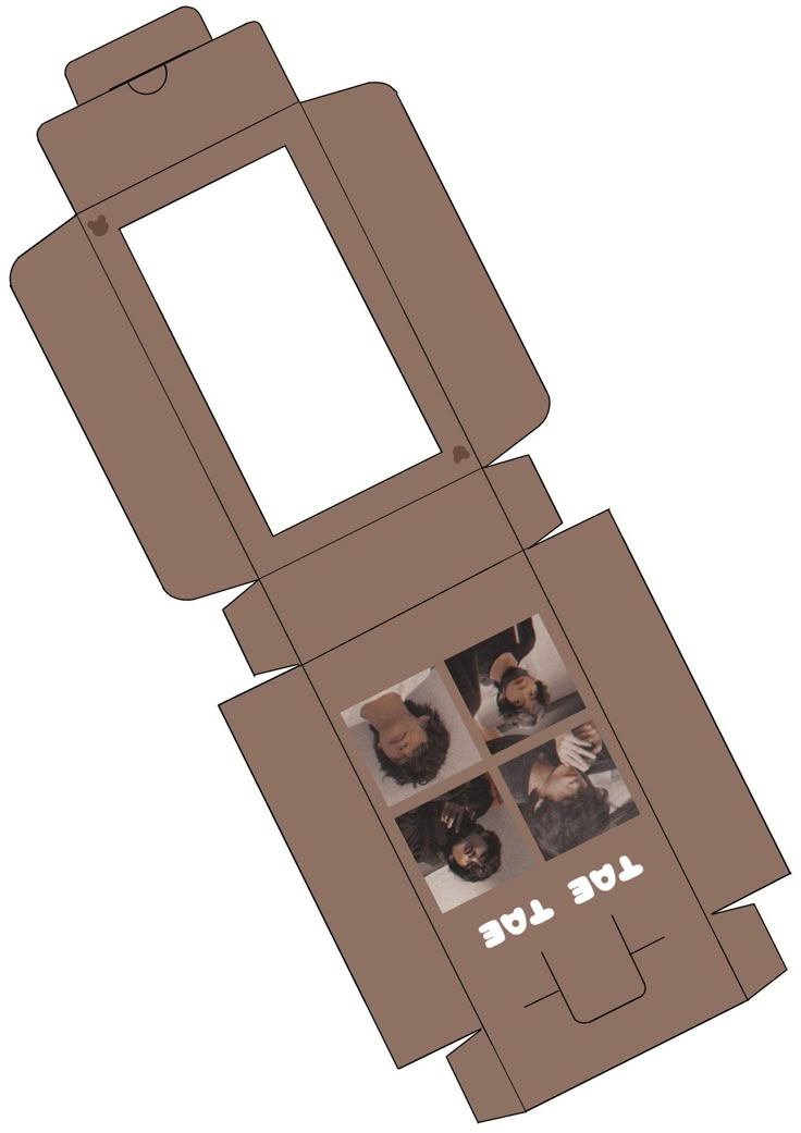 an open cardboard box with four pictures on the front and sides, one is brown