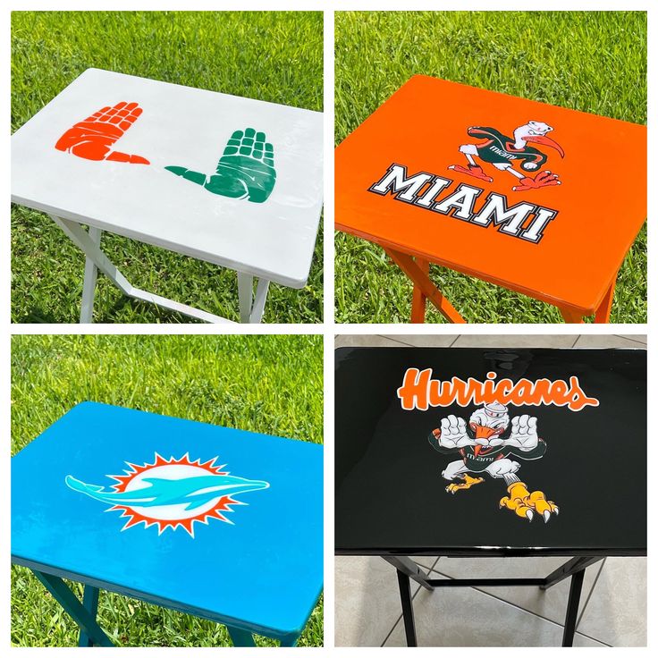 four different colored tables with the word miami painted on them