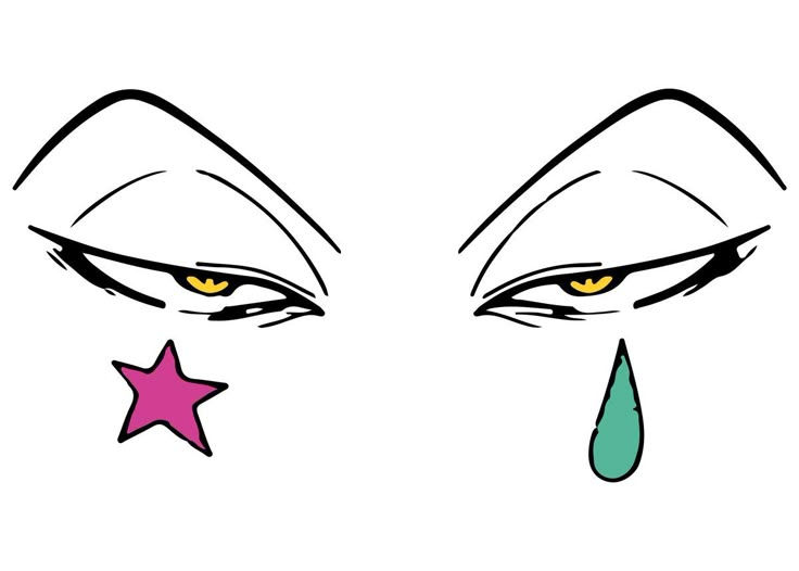 the face of a woman with yellow eyes and pink stars on her nose, drawn in black and white