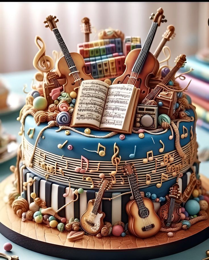 a cake decorated with musical instruments and music notes