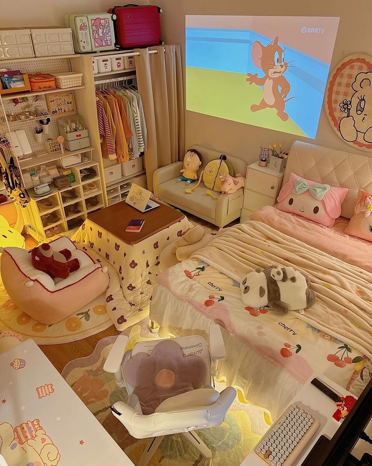 a bedroom with teddy bears on the bed and other items in it, including toys