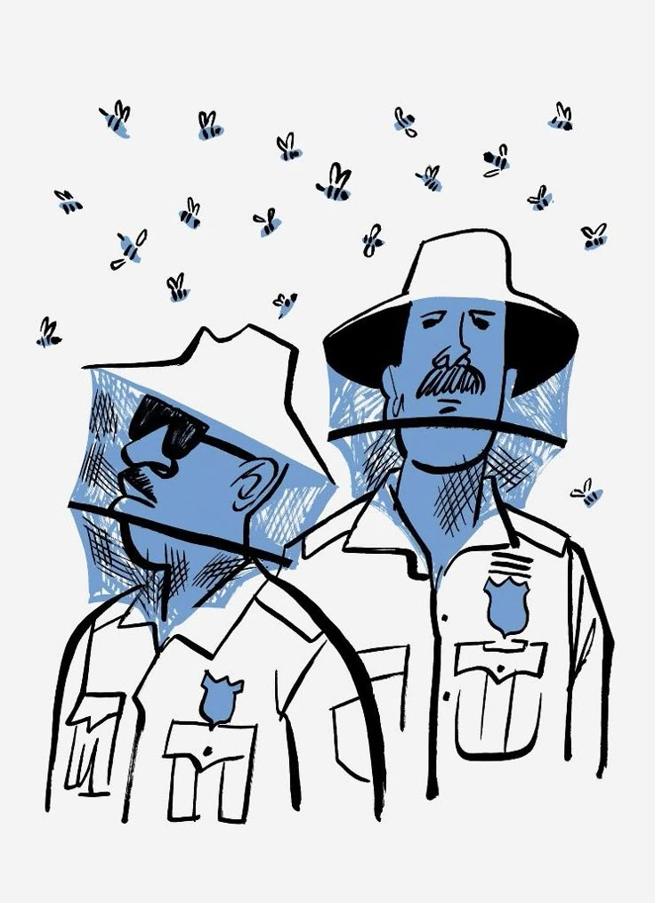 two men in hats are standing next to each other with butterflies flying around them on a white background