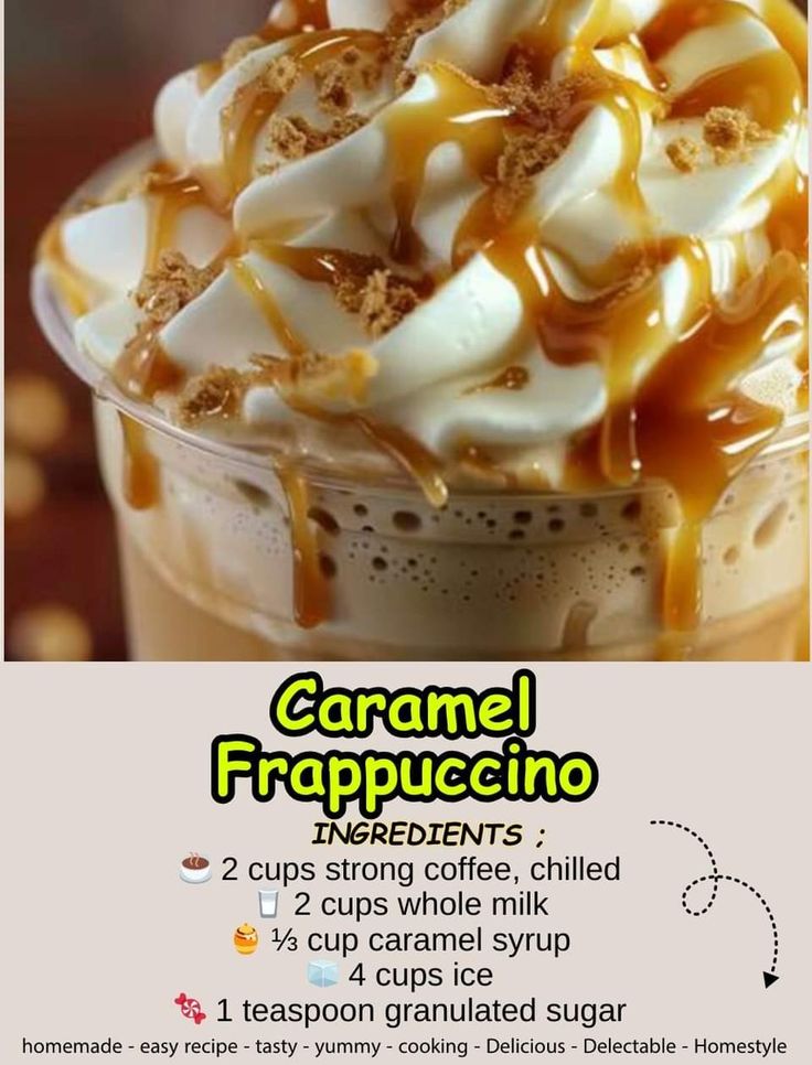 caramel frappuccino in a cup with whipped cream and toppings on top