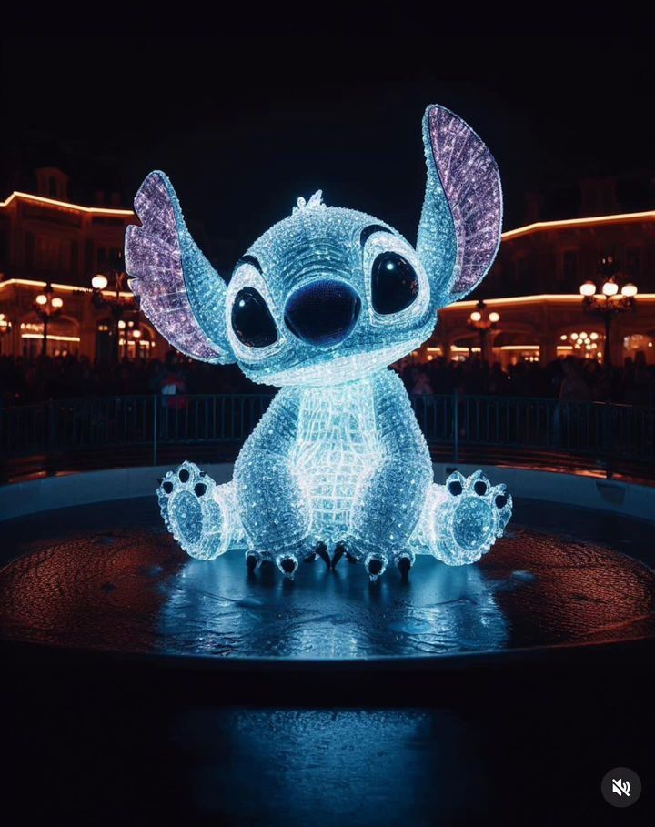 the light up stitchy is sitting in front of a building