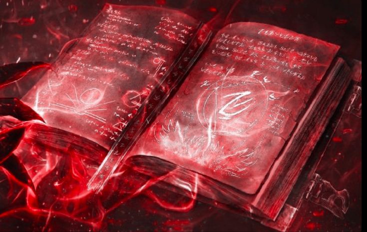 an open book with red light shining on it's cover and the pages are illuminated