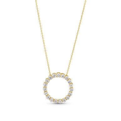 This pendant features an endless circle design with round brilliant cut diamonds. Cubic Zirconia Open Circle Halo Jewelry, Elegant Open Circle Cubic Zirconia Jewelry, Halo Cubic Zirconia Open Circle Jewelry, Circle Diamond Necklace With Brilliant Cut, Diamond White Infinity Necklace, Diamond Necklace With Pave Setting, Brilliant Cut Diamond Circle Necklace, Luxury Round Diamond Necklace With Halo Setting, Brilliant Cut Circular Diamond Necklace