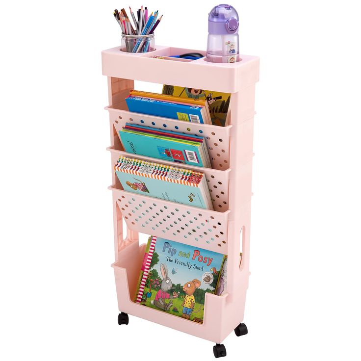 a pink cart with books and magazines on it's wheels is shown against a white background