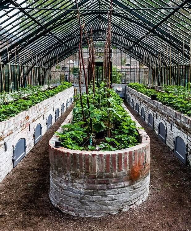 an indoor greenhouse with rows of plants growing in the ground and brick walls around it