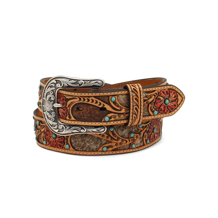 Featuring a genuine leather strap with calf hair underlay, this belt is full of Western charm. Floral accents make it distinctly feminine and the removable buckle can be switched out for easy customization. \r\n\r\nGenuine leather with calf hair underlay\r\nRemovable buckle\r\n1 1/2 wide\r\n\r\nFlower/Calf Hair Belt | Women's Flower/Calf Hair Belt in Tan Leather, Size: Medium by Ariat Ariat Belts, Western Shop, Flower Belt, Western Belt, Toddler Boots, Branded Belts, Western Belts, Boys Boots, Calf Hair