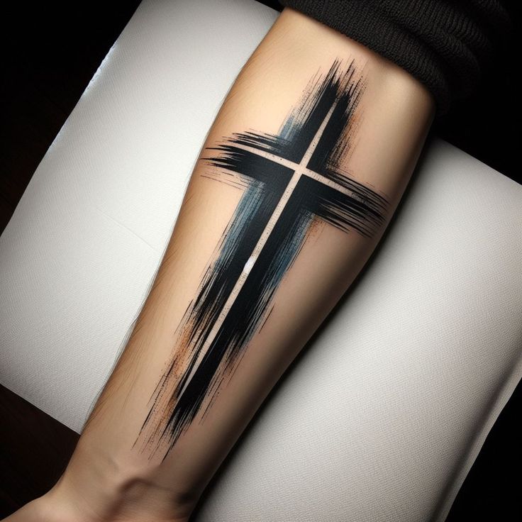 a person with a cross tattoo on their arm