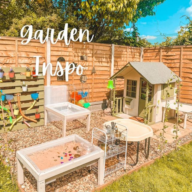 an outdoor play area with sand and toys in the back yard that says garden tips