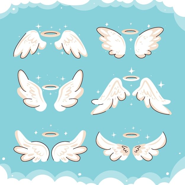 angel wings with halos and stars on a blue background, set of nine different angles