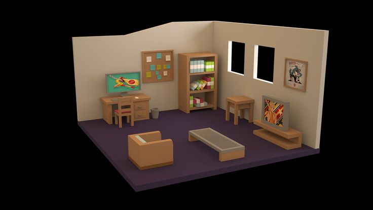 a small room with furniture and pictures on the walls, including a desk, chair, coffee table, bookshelf and television