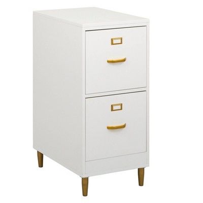 a white and gold file cabinet with two drawers