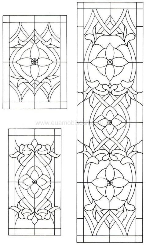 three different stained glass panels with designs