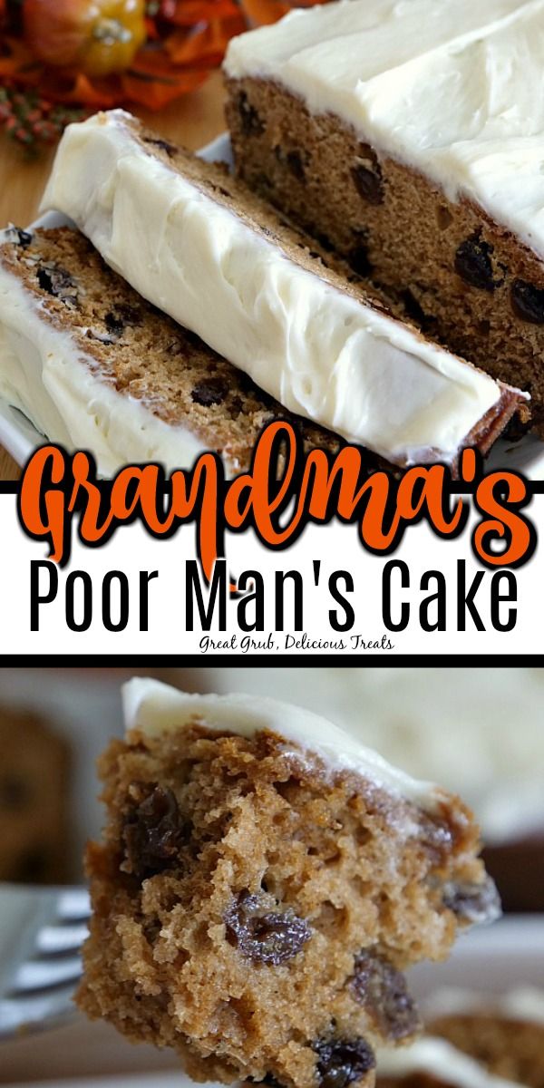 a close up of a piece of cake on a fork with the words grandma's poor man's cake