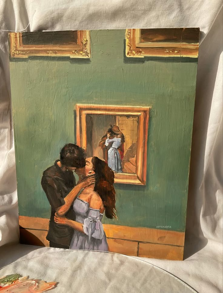 a painting of two people kissing in front of a mirror