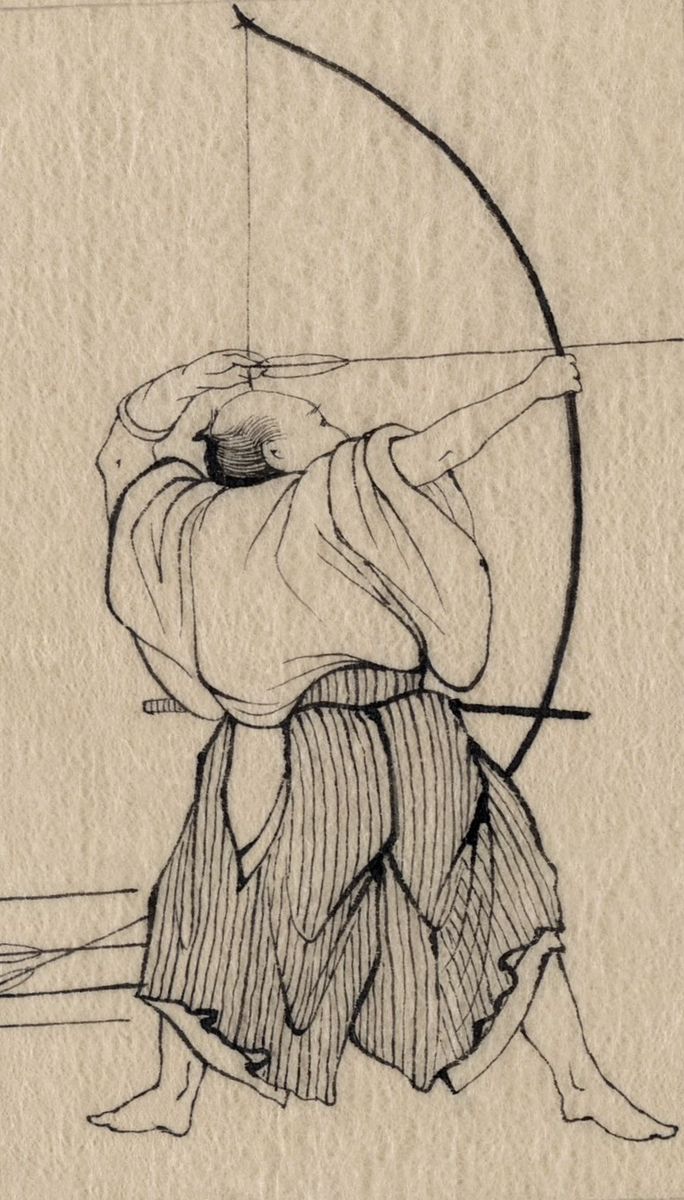 a drawing of a person with a bow and arrow in their hand, sitting on the ground