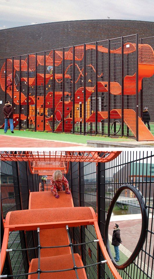 there are two pictures of children playing in the play area and on the other side of the fence