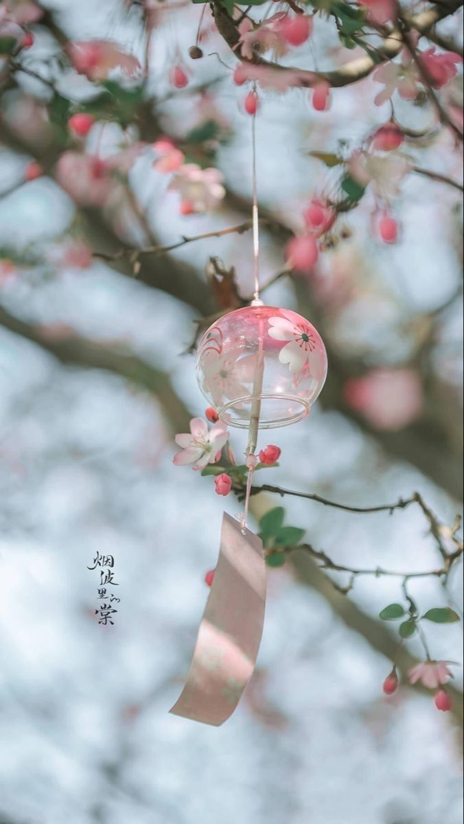 a bird feeder hanging from a tree branch with pink flowers on it's branches