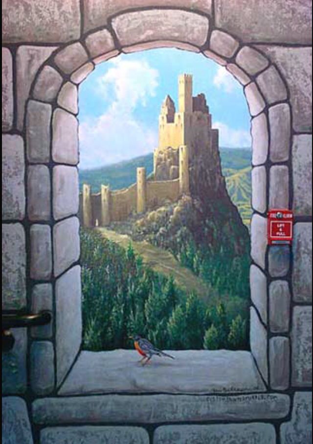 a painting of a castle with a bird sitting on the window sill