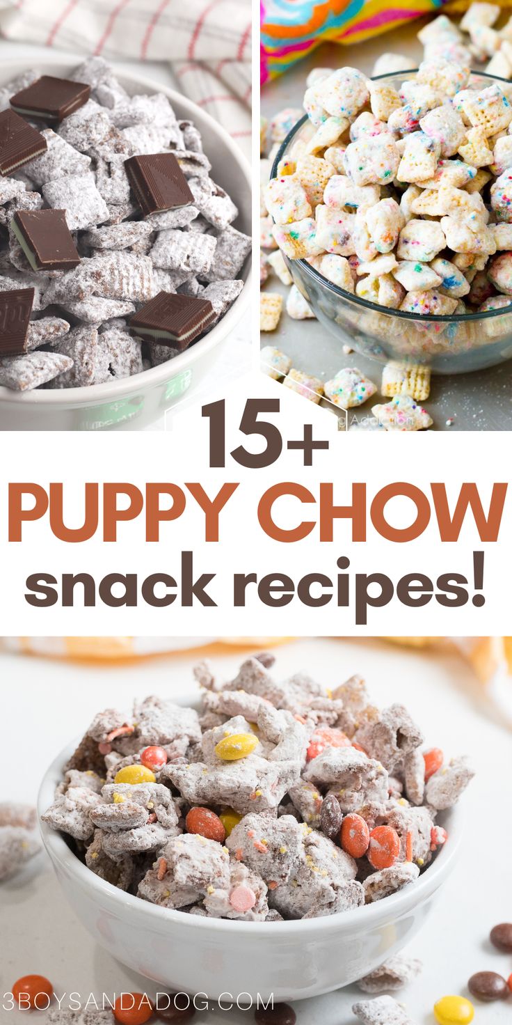 puppy chow snack recipe collage with text overlay