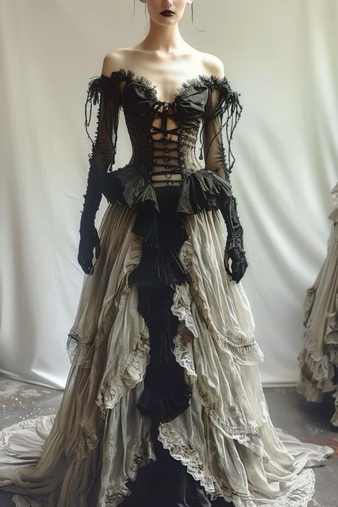 Gothic Couture Gown, Tattered Black Dress, Gothic Fantasy Clothing, Dark Ethereal Clothing, Historical Gothic Fashion, Dark Gothic Dress, Gothic Gala Dress, Gothic Fashion Show, Gothic Core Outfit