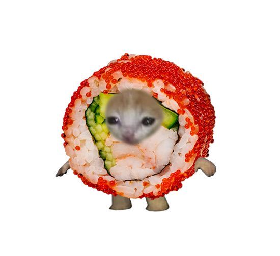 an animal made out of sushi and vegetables is standing in front of a white background