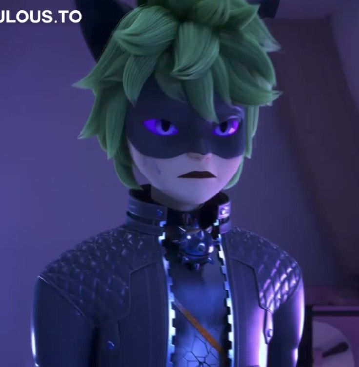 an animated character with green hair and blue eyes in a cat suit, looking at the camera