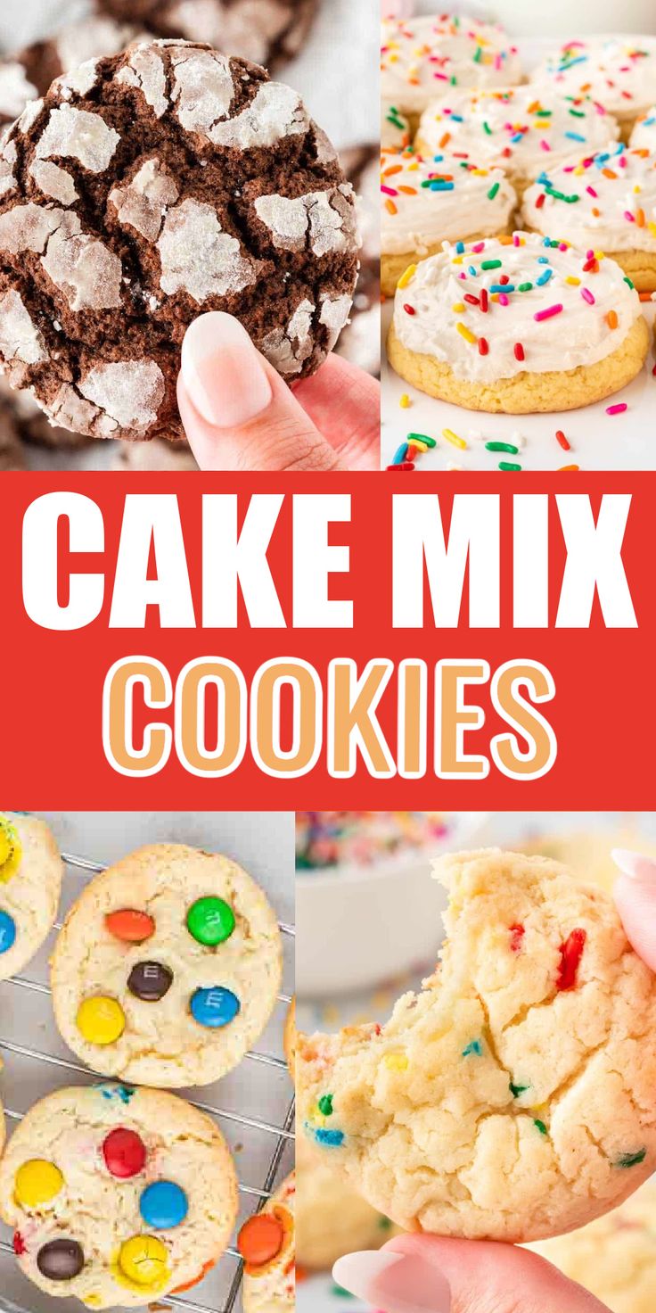 a collage of cake mix cookies with text overlay