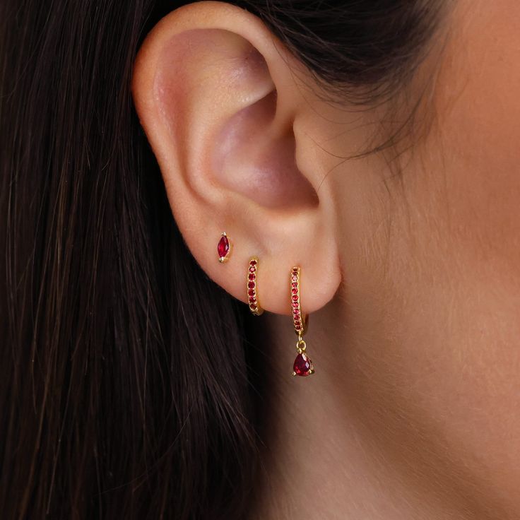 Ruby Teardrop Hoop Earring Set Gift for Her Ruby Earrings Minimalist Dainty Earrings Valentines Day Gift personalized Jewelry - Etsy Red Earring Set, Red Teardrop Earrings, Gold And Ruby Earrings, Red Earring Stack, Gold Ruby Jewelry, Red Gold Jewelry, Gold Red Earrings, Gold Ruby Earrings, Red Ruby Earrings