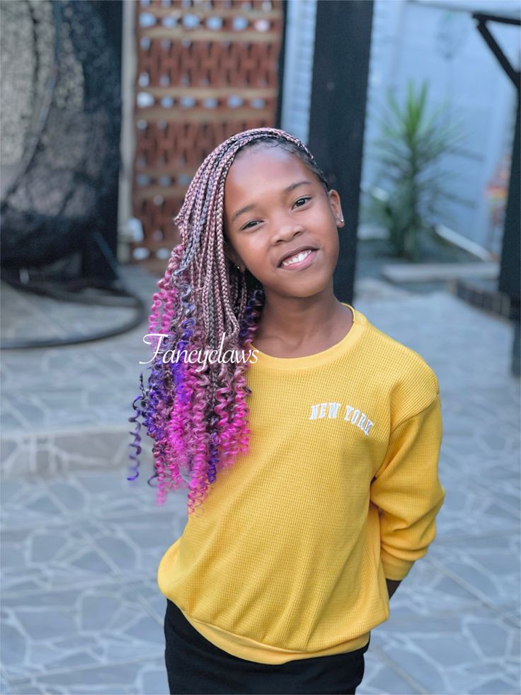 Pink Braids For Kids, Pink And Purple Braids, Purple Knotless Braids, Purple Knotless, Colourful Braids, Braids For Black Kids, Mama Hair, London Hair, Colored Box Braids