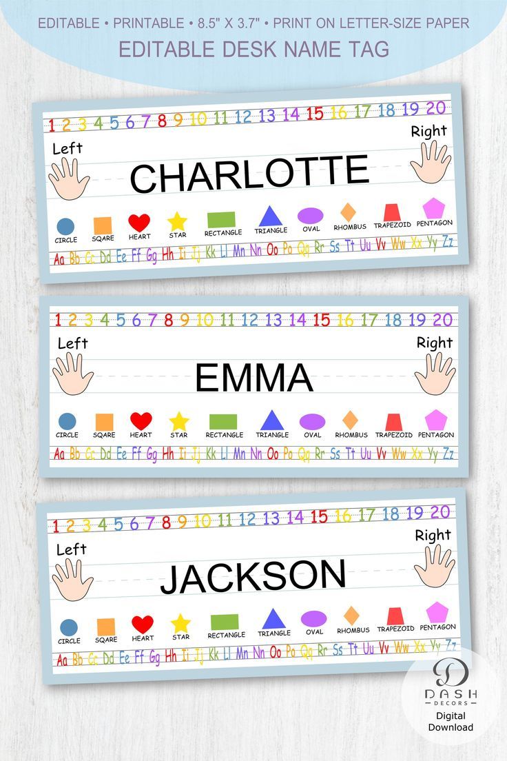 two personalized name tags for children's handprints, each with different shapes and sizes